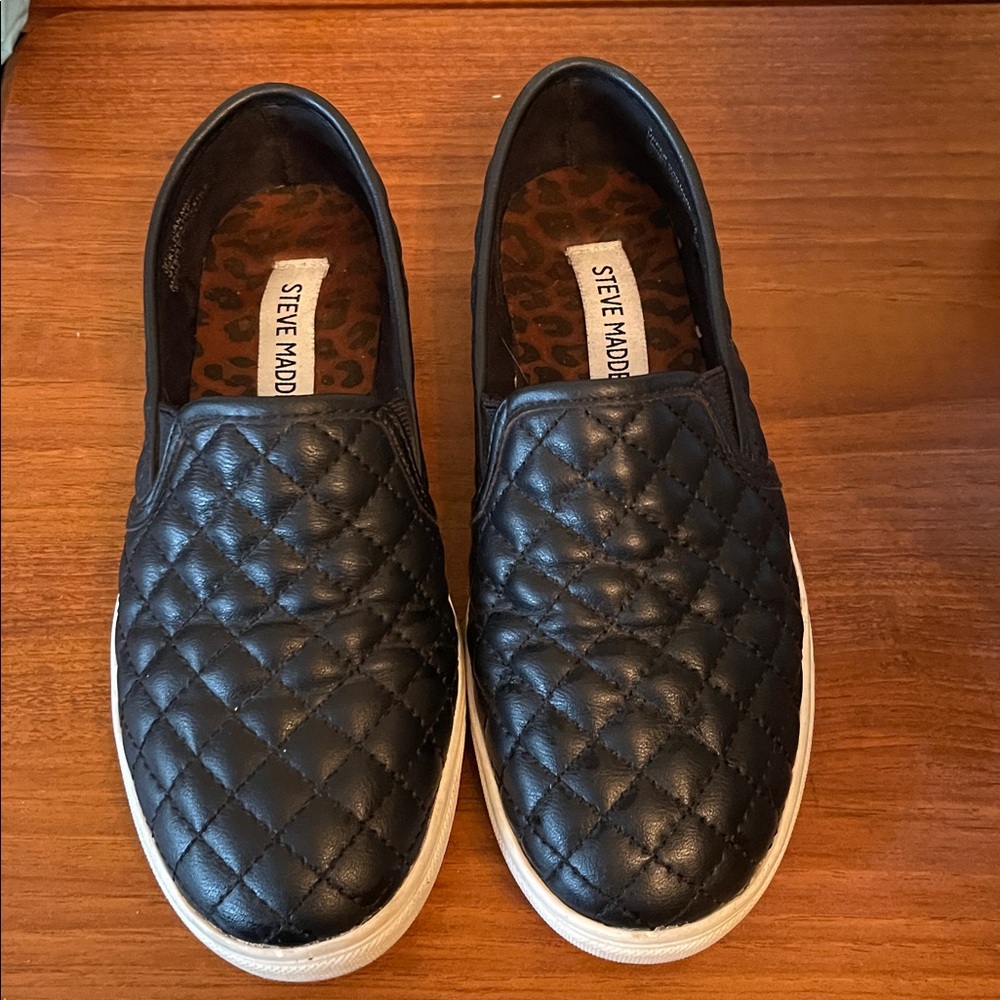 Steve Madden Black Quilted Slip-On Sneakers with Leopard Insole
